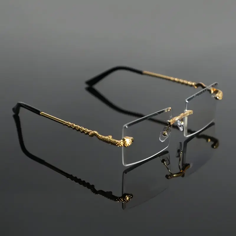 Men's Rectangle Glasses, Modern Rimless Gold-Tone Eyewear with Plain Lenses, Luxurious Accessory for Daily & Formal Occasions