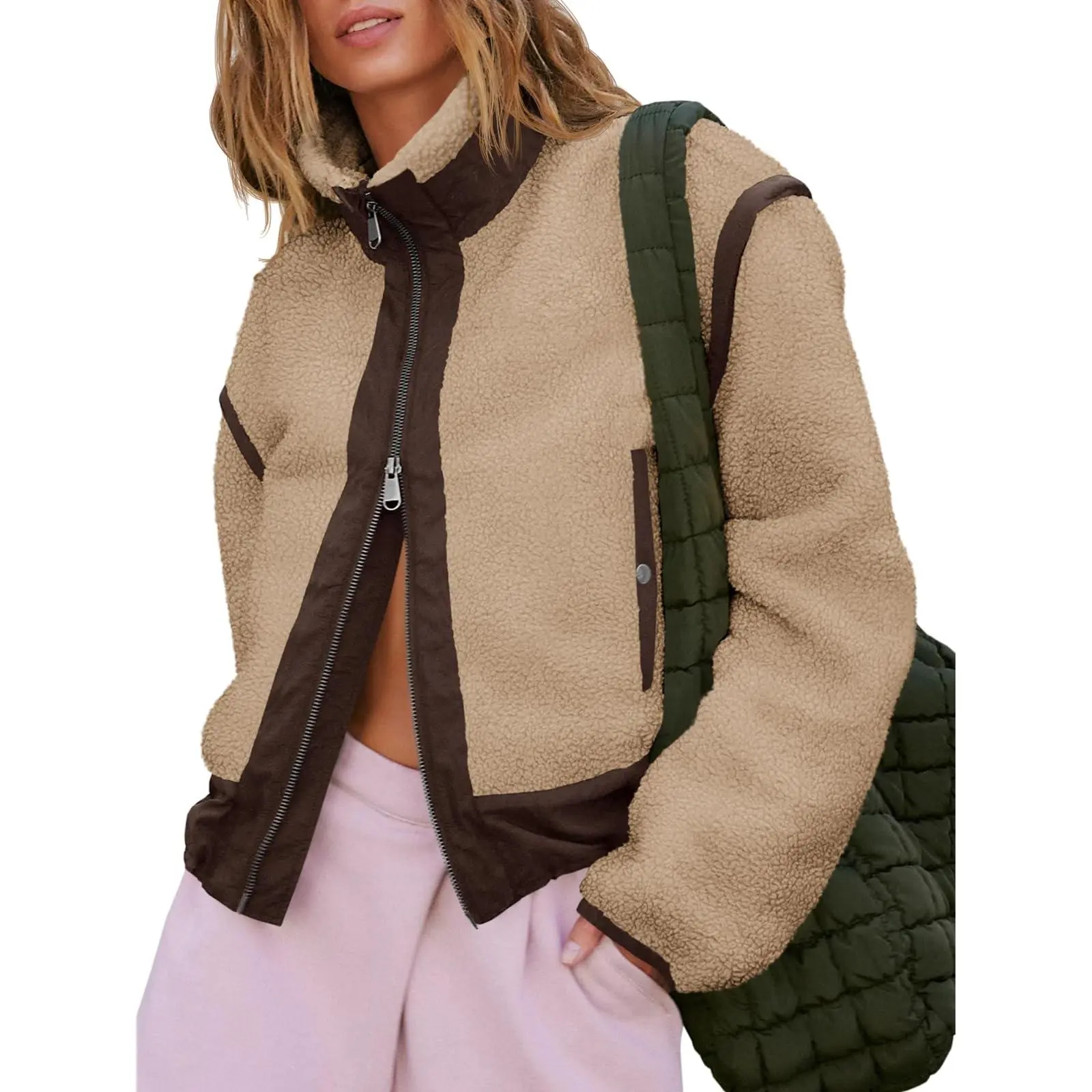 Lannew Womens Cropped Zip Up Fleece Jacket Stand Collar Fuzzy Sherpa Coat Winter Color Block Teddy Outerwear
