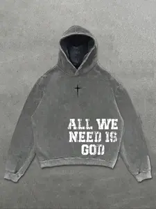 Unisex All We Need Is God Cross Print Hoodie, Dark Religious Streetwear Loose Fit, Casual Graphic Sweatshirt for Fall & Winter, Hooded Sweatshirts