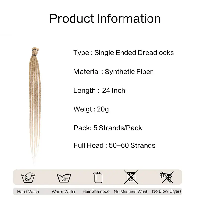 NEW 24 Inch Synthetic Dreadlock Extensions 5 Strands Hippie Dreads  Color 0.6 cm Width Loc Extensions Reggae Style Crochet Hair
