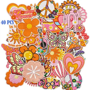 40PCS Summer Flower Blosom Mushroom Vibrant Orange Butterfly Iron on Embroidered Patches Retro Hippie Motif Sew on Iron on Embroidery Appliques for Decoration on Clothes, Bags, Hats etc patch iron