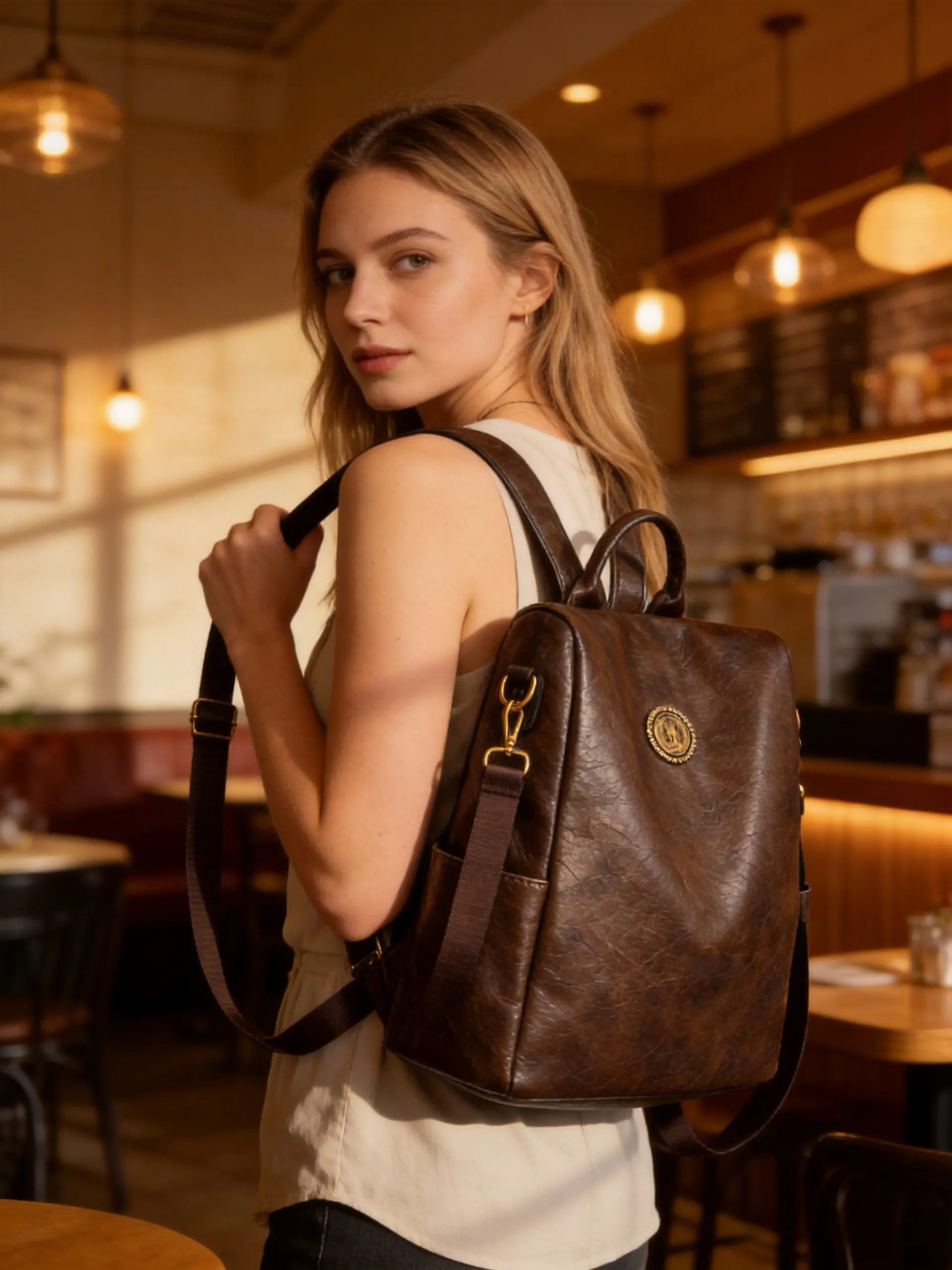 Minimalist Dark Brown Waxed Canvas Leather Backpack Water Resistant Wear Resistant Daily Commute School Travel Backpack Versatile Style Fashion Women Backpack For Daily Use Backpacks Women