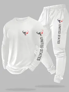 Men's Graphic Long Sleeve Round Neck Top + Drawstring Pants Set, Casual Fitted H-Type Suit, Fall & Winter Workout#MensTracksuit #BullPrintSet #2PieceOutfit #AthleticWear #TikTokFashion #USInspiredStyle #GymSet #EverydayCasual