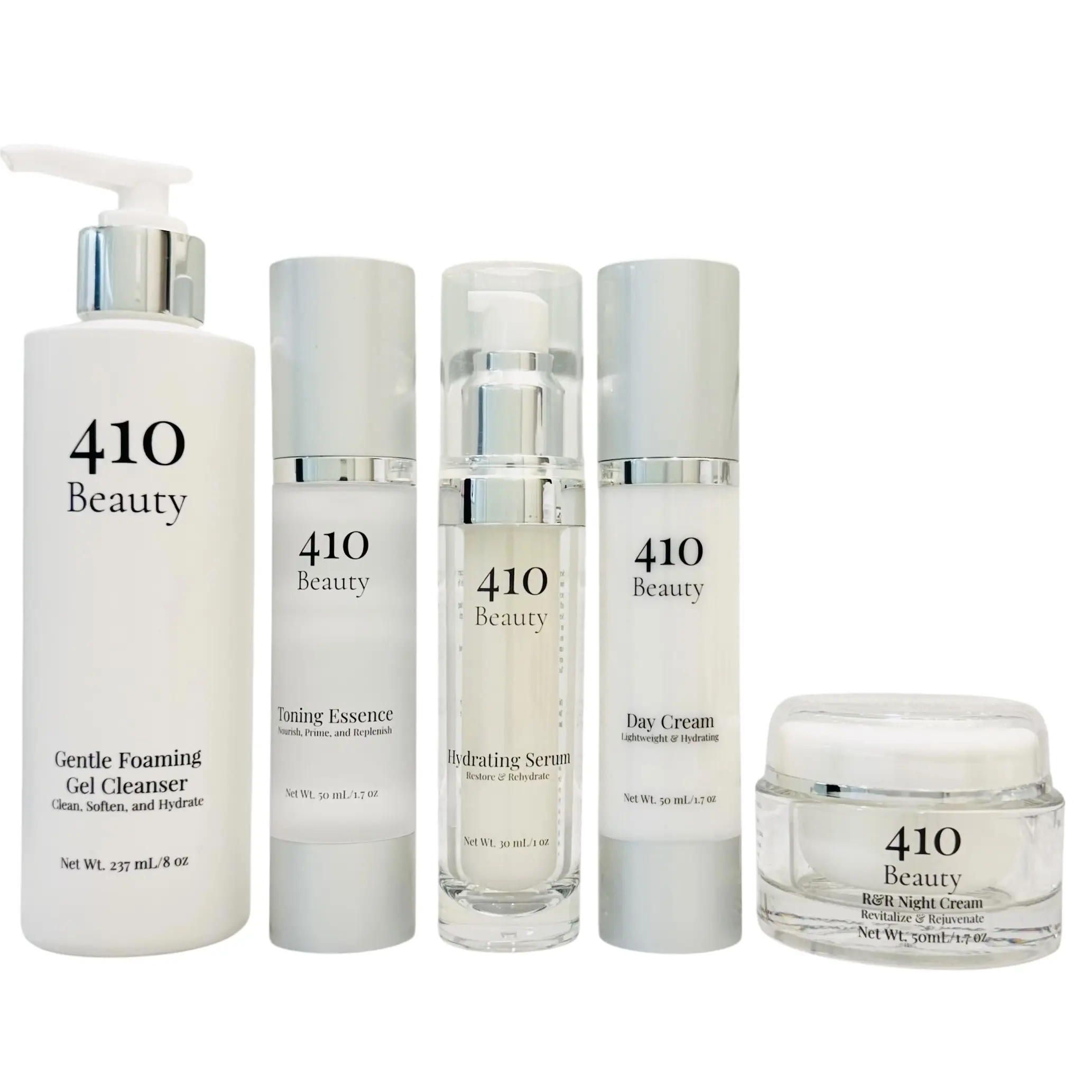 410 Beauty Essentials Bundle - Gentle Foaming Gel Cleanser, Toning Essence, Hydrating Serum, Day Cream & R&R Night Cream - Moisturizing Skincare Set