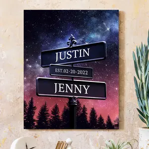 Crossroads Sign Couple's Name and Date on Street Milky Way In Night Forest Canvas Prints Love Gift for Anniversary,Wedding,Birthday and Holidays