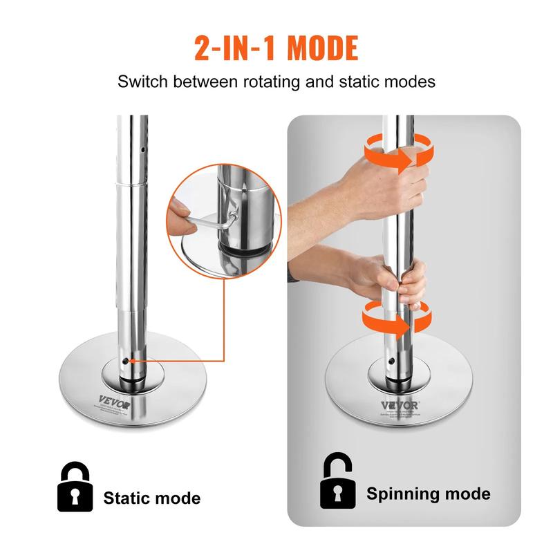 VEVOR Professional Dancing Pole, TikTokShopBlackFriday, Spinning Static Dancing Pole Kit, Portable Removable Pole, 45mm Heavy-Duty Stainless Steel Pole, Height Adjustable Fitness Pole, for Exercise Home Club Gym, Silver