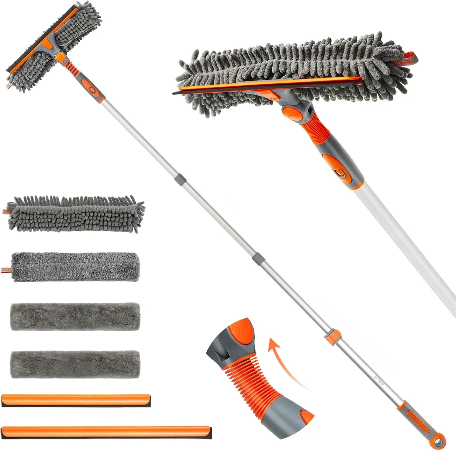 Eazer Hand 2-in-1 Window Cleaner Tool, 64'' Telescopic Pole Squeegee Kit with Rotatable Bendable Threaded Head for Home - EAW01