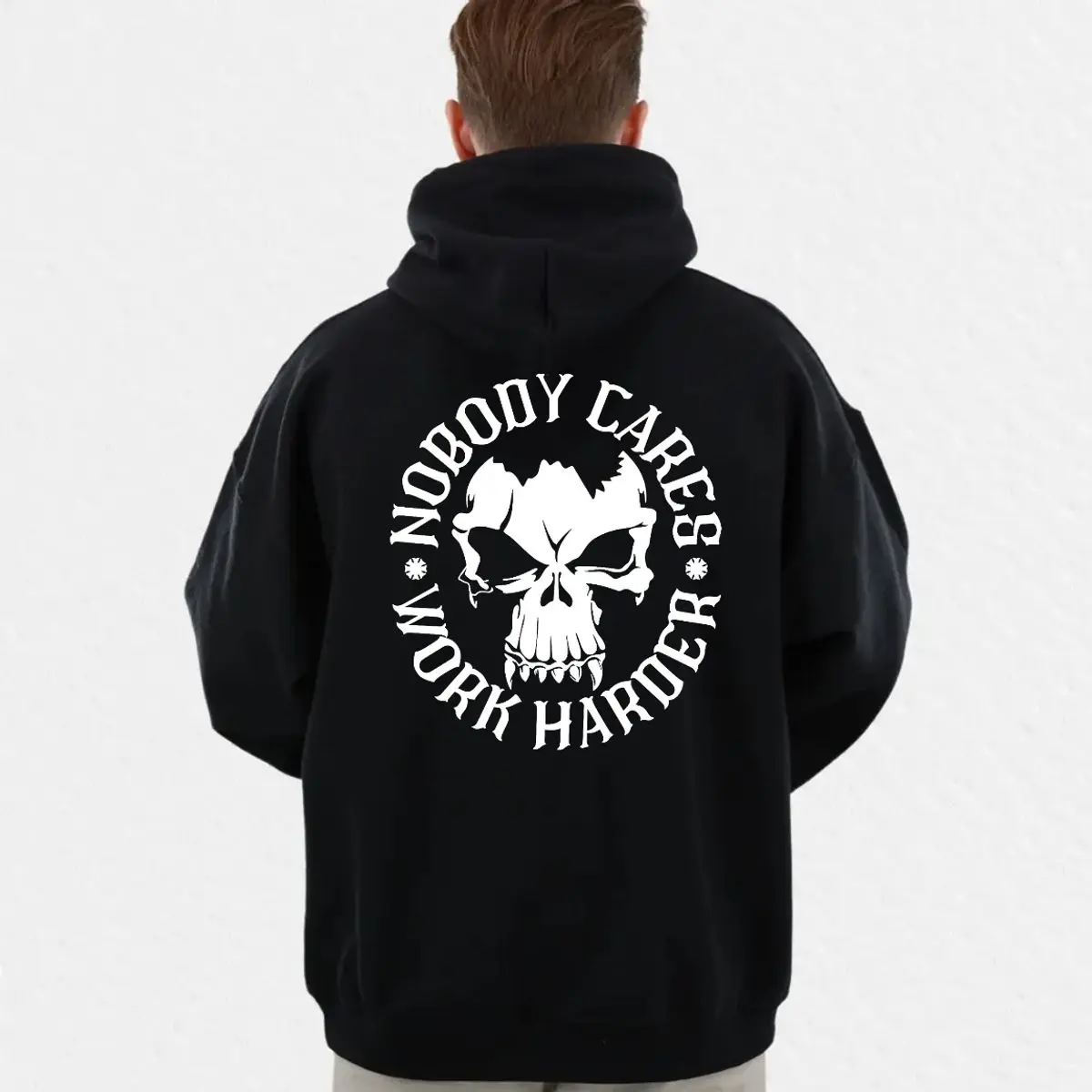 Nobody Cares Work Harder, Workout Top Funny Skull Men Top, Gym Rat Back Side Printed Hoodie, Weightlifting Shirt, Unisex Sweater Pullover Tee