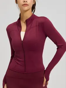 Women's Solid Zip Up Thumb Hole Sports Outwear, Quick Drying Breathable Long Sleeve Sports Top, Ladies Sportswear for Indoor Outdoor Wear, Sports Yoga Jacket, Sporty Breathable Outerwear, Lightweight Sports Jacket