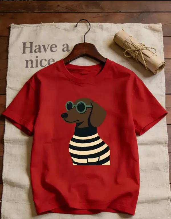 Cute Retro Sunglasses Striped Dachshund Dog Women's Red Short Sleeve Casual T-Shirt/Dachshund Lover Gift T-Shirt, Vintage Flat Art Striped Sweater Wiener Dog Oversized Casual Top