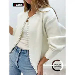 Women’s solid faux pearl-decorated drop-shoulder cardigan, casual long-sleeve open-front knitwear for fall and winter, fashionable women’s knit clothing for daily wear (gift), seamless thick knit