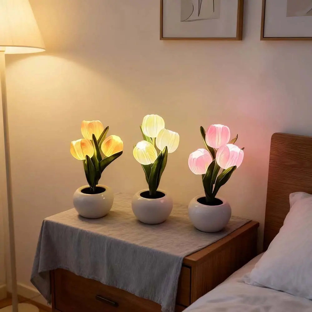 Cordless Ceramic Tulip Lamp - 22x9.5cm Battery-Powered LED Alternative Artistic Novelty Night Light with Vase, Home Decor Table Ornament for Living Room Desktop, Mother's Day Gift, Alternative Artistic Novelty Lighting