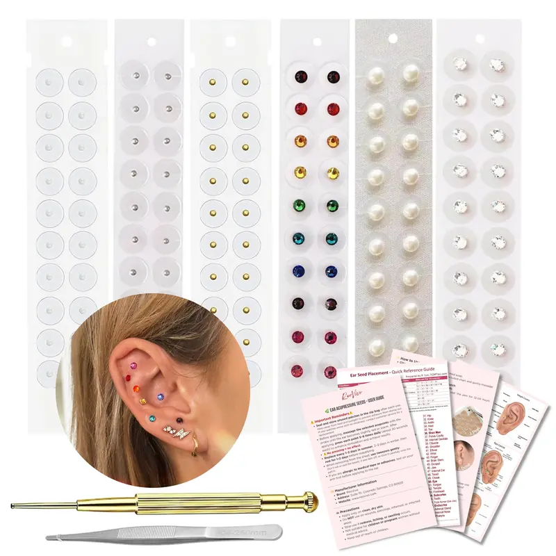 Mix Jewelry Ear Seed Kit - 120 Adhesive Ear Seeds with Brass Probe, Bilingual Chart, Colored & Shiny Diamonds, Gold & Silver Beads, Large & Small Pearls for Auriculotherapy Ear Embellishments