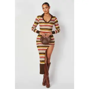 Missoni Style Collared Multi Color Maxi Dress