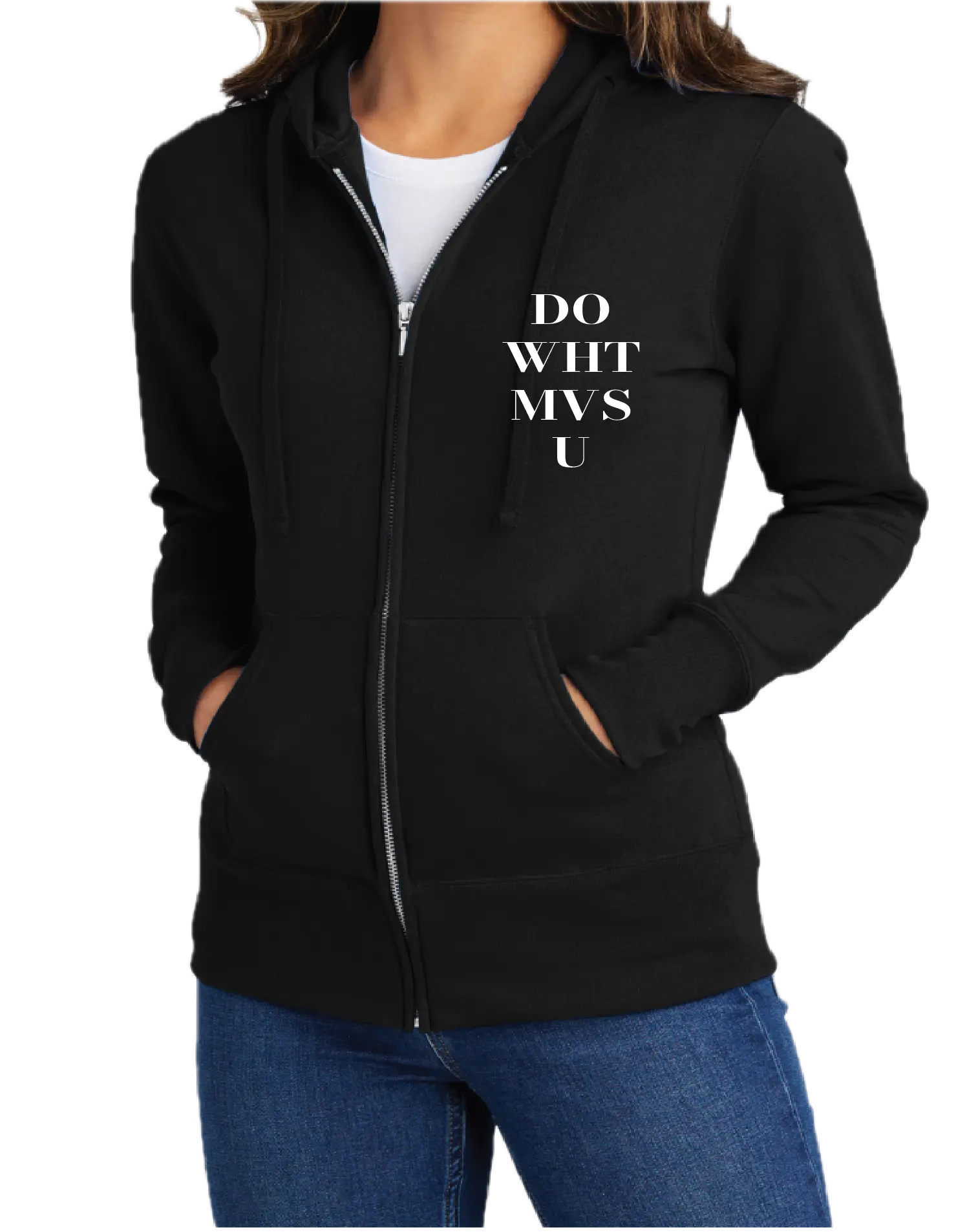 WHT MVS U DO WHT MVS U 7.8-ounce 50/50 Cotton/Poly Fleece Long Sleeve Zip-Up Hoodie for Women