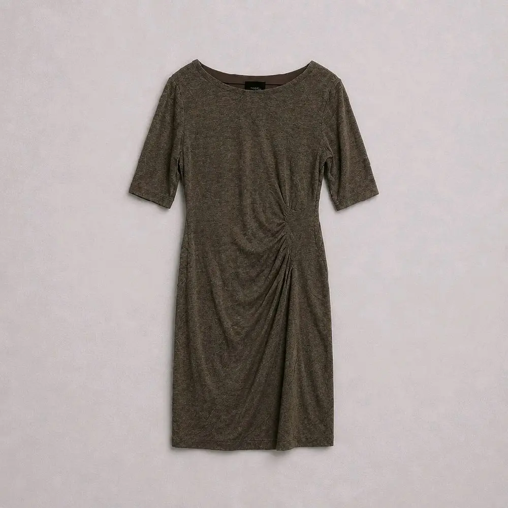 Connected Apparel Beige Ruched Midi Dress - Heathered Knit Casual Office Wear 10