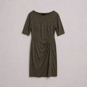 Connected Apparel Beige Ruched Midi Dress - Heathered Knit Casual Office Wear 10