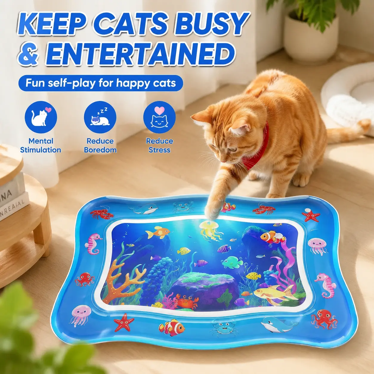 Interactive Cat Toy Water Mat - Sensory Play Pad with Boredom Relief, Mental Stimulation, Cartoon & Classic Design, Elevated Cooling Cushion, Durable Reversible Non-Slip Base, Calming Hammock for Cats & Dogs, Home Decor Furniture Accessory beds