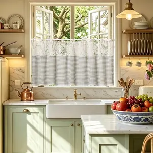 1PC Tie Top Plaid Kitchen Curtain Valance for Living Room Bedroom Small Windows Gingham Linen Cafe Curtain Short Vintage French Window Treatment Tiers Bathroom Farmhouse Valance