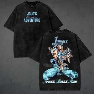 Retro Washed "Steel Ball Run" Johnny Joestar T-Shirt, Double-Sided Anime Print Unisex Streetwear Tee, Loose Fit Casual Short Sleeve for Men & Women