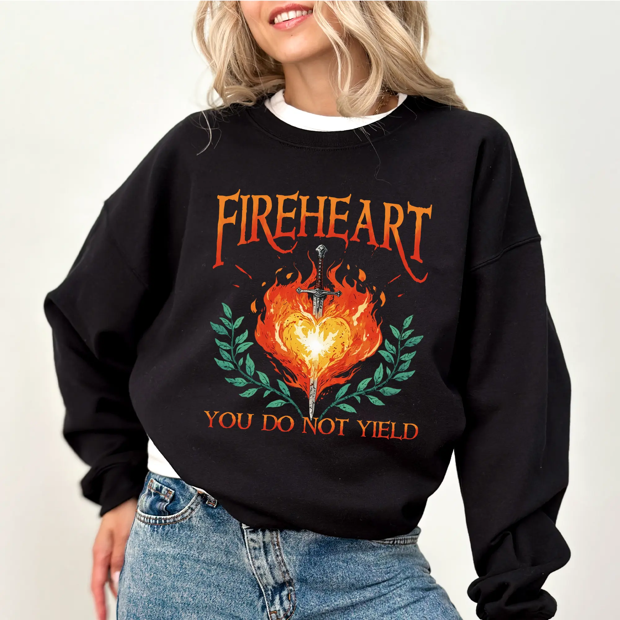 Women's Fitted Fireheart Round Neck Sweatshirt - Cotton-Polyester Fabric, Comfortable Long Sleeve Ribbed Casual Pullover, "You Do Not Yield" Printed Athletic Top for Bookish Romantasy Readers
