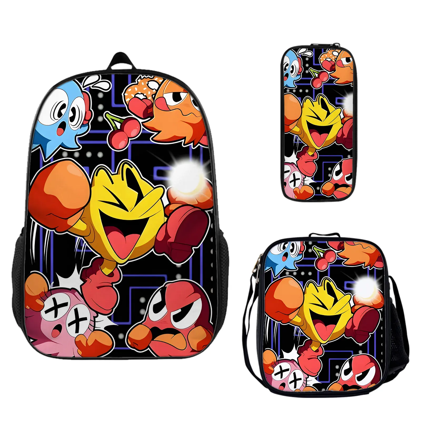 Pac-Man 3-Piece Large Capacity Backpack Set - Back to School Haul, Vibrant Anime Manga Swag Backpack with Insulated Lunch Box & Pencil Pouch, Lightweight Travel Daypack Birthday Gift for Teen Fans c-308, Swag Backpacks