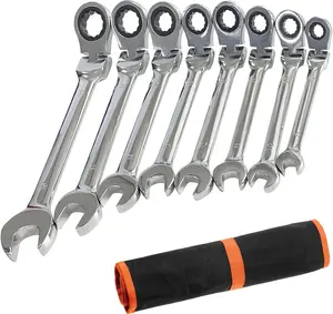 8 Piece Flex-Head Ratcheting Combination Wrench Set, 8-19mm Metric Chrome Vanadium Steel Spanner, Gear Ring Ratchet Wrenches with Rolling Pouch