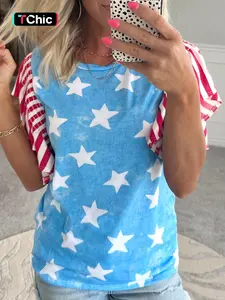 Summer Casual Star Print Patchwork Colorblock Loose Short Sleeve Top, Comfortable Daily Wear, Trendy Street Style Clothing