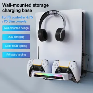 Wall Mount Kit for P5 Pro/ P5 Slim/ P5 with Charging Station, P5 Shelf Floating Mount, Dual Controller Chargers with Multi-Mode RGB Light, Headset Holder & USB Hubs for Playstation 5 Pro/ Slim (Disc & Digital)