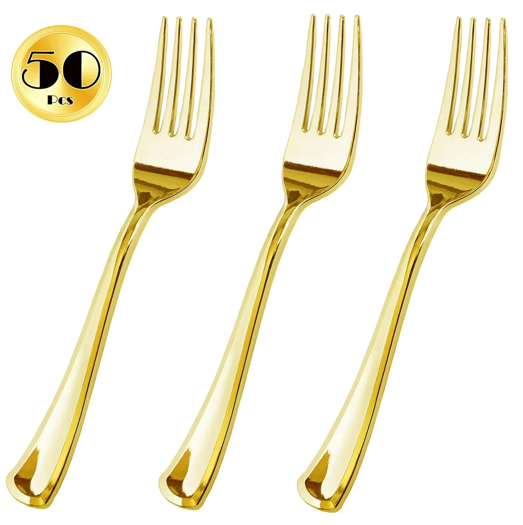 JL Prime 50 Piece Gold Plastic Forks Bulk Set, Gold Plastic Cutlery Set, Heavy Duty Utensils for Party & Wedding, Disposable Gold Flatware, Gold Plastic Forks 50 Pack Hand Metallic