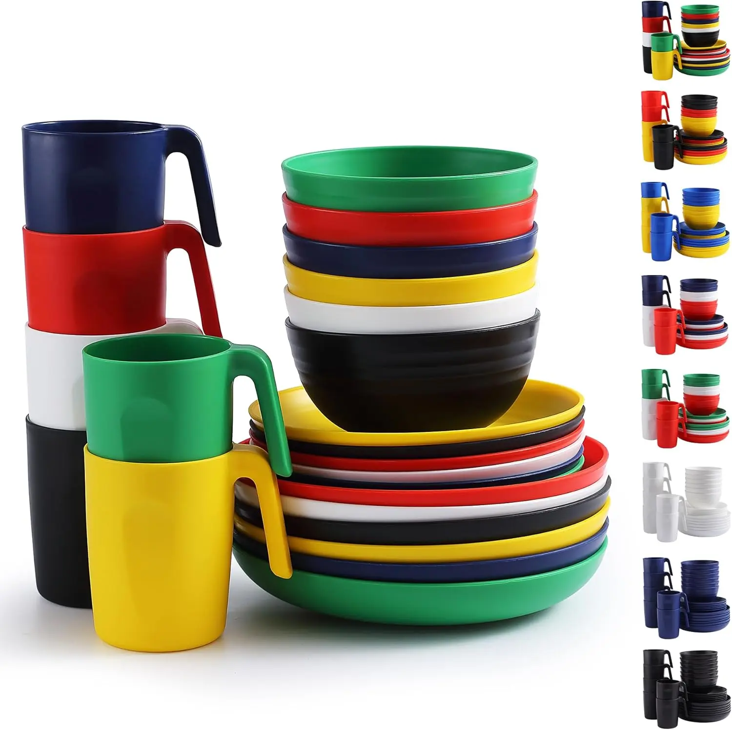 Reusable Plastic Dinnerware Sets 24pcs - Includes Dessert Plate, Cereal Bowls, Cups for Home, Garden, Picnic, Camping - Coffee