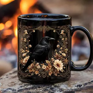 Floral Raven Ceramic Mug, Dark Academia Goblincore Gift, Halloween Gift, Floral Raven 11oz 15oz Coffee Mug For Friends