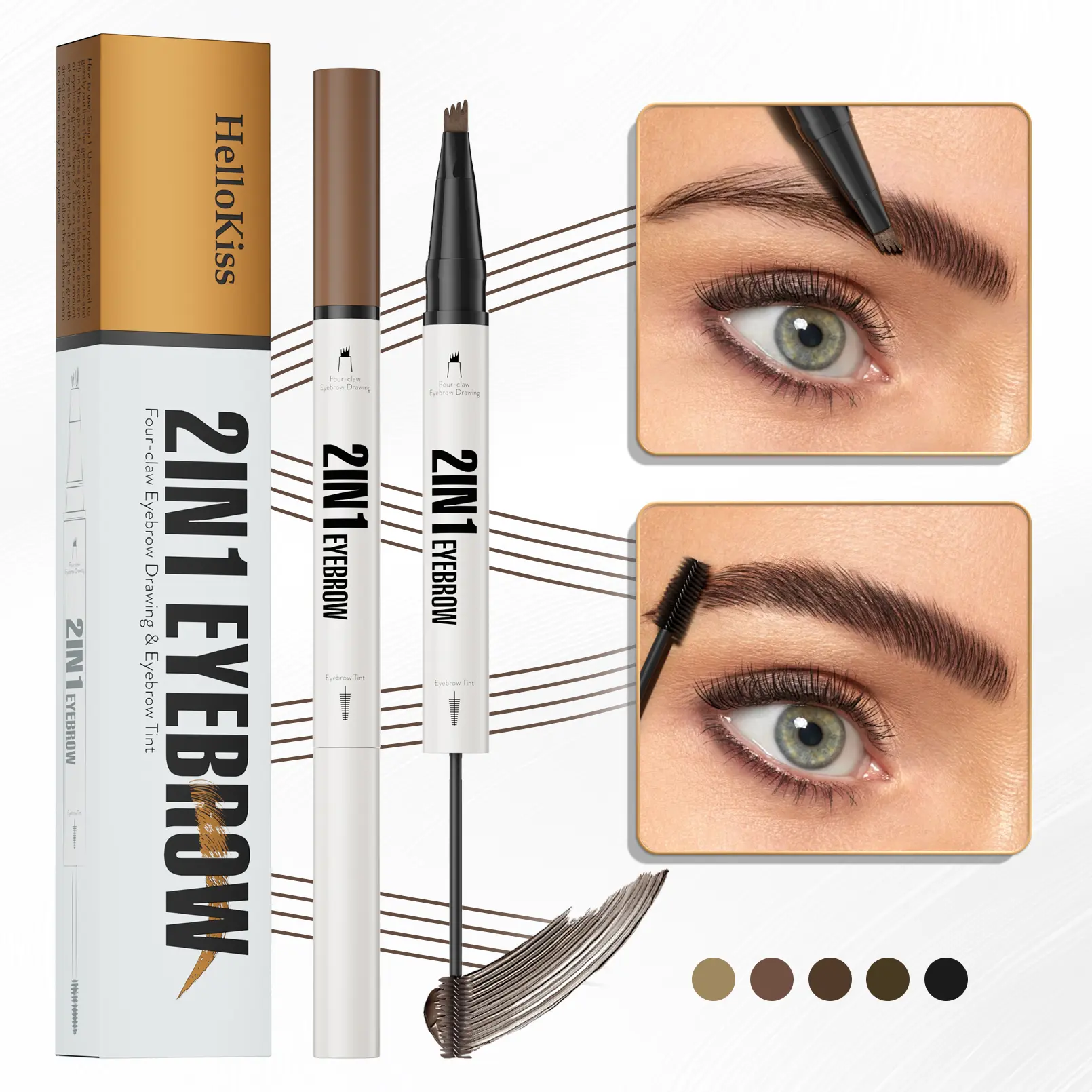2 in 1 Eyebrow Pencil & Brow Tint, 4-Prong Microblading Eyebrow Pen for Natural Hair-Like Strokes, Waterproof Long Lasting Brow Makeup for Fuller Defined Brows