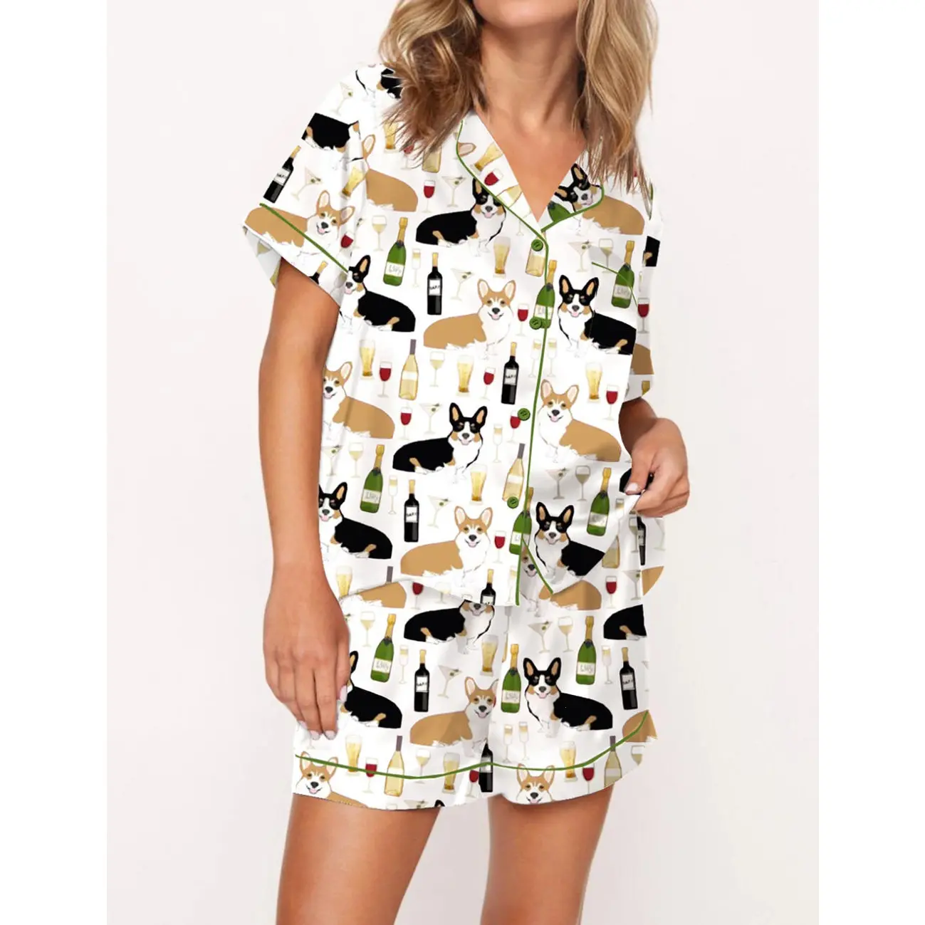 Corgis and Wine Cotton Pajama Set for Women - Charming and Cozy Sleepwear for Dog and Wine Lovers, Perfect for Wine Tasting Evenings, Pet Playdates, or Relaxed Weekend Mornings