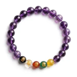 Five Wealth Deities Glass Bead Bracelet – Feng Shui Inspired Purple Bracelet for Prosperity, Luck, Spiritual Energy, Harmony & Protection, Unisex Mystical Amulet Jewelry, Eastern Inspired Good Fortune Style Accessory