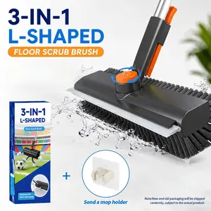 3-in-1 Scraper Brooms Heavy-Duty Stiff Bristle Floor Scrub Brush with Extended Adjustable Height Handle, Rotating Head Scrubber-Squeegee Combo, Home Cleaning Tool, Scrubber Bathroom Cleaners, Household Cleaning Supply for Bathroom, Patio Interior