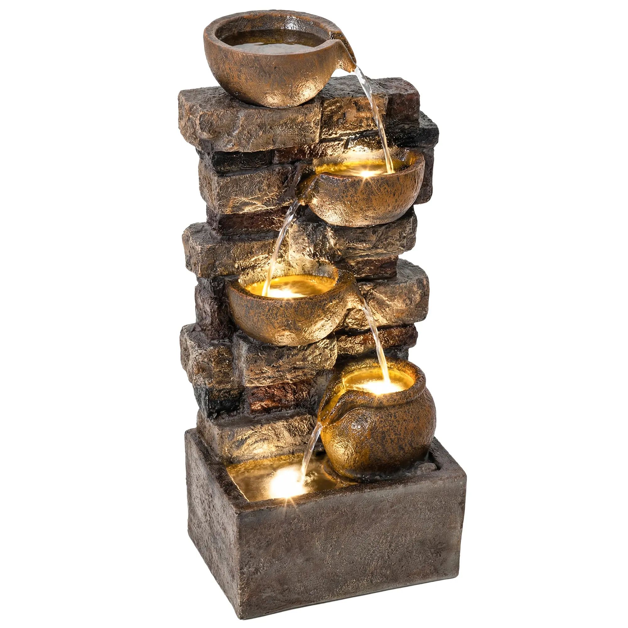 28" Outdoor Fountain – 5-Tier Rustic Jugs Cascading Waterfall. LED Lights + Adjustable 3-Speed Flow. Solid Rust-Proof Resin. Hand-Painted Rustic Brown