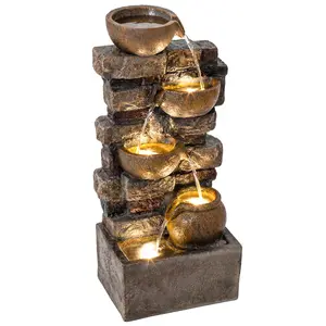 28" Outdoor Fountain – 5-Tier Rustic Jugs Cascading Waterfall. LED Lights + Adjustable 3-Speed Flow. Solid Rust-Proof Resin. Hand-Painted Rustic Brown