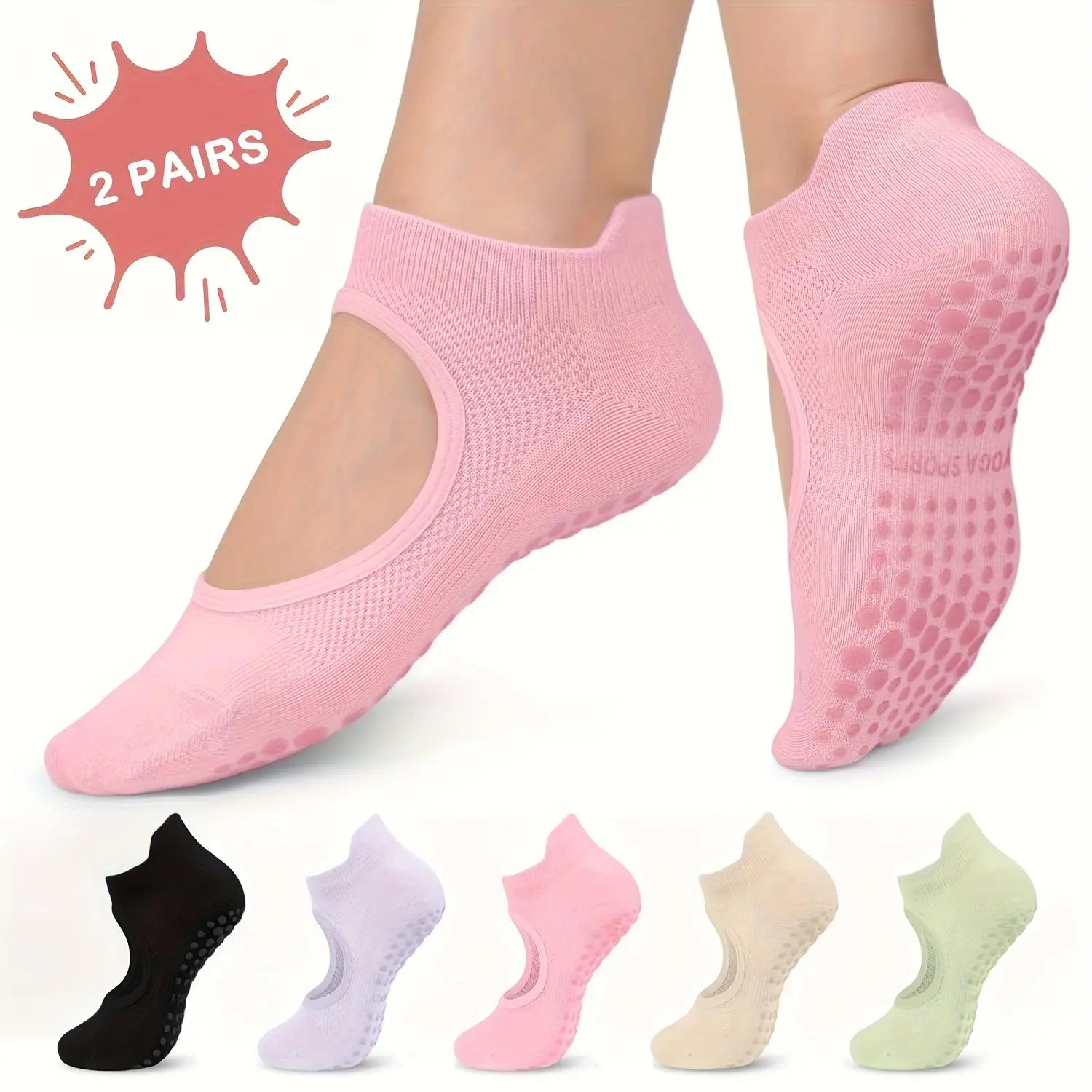 2 Pairs Women'S Non-Slip Pilates Yoga Socks, Breathable Polyester Socks - Open Toe with Arch Support, Breathable for Exercise, Ballet, Dance - Available in Black/Beige/Pink, Textured Grip Bottom, Athletic Socks, Workout Socks