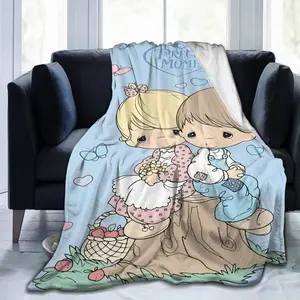 Cute cartoon Precious Moments character print flannel blanket - suitable for sofa, bedroom, living room, office and travel in all seasons