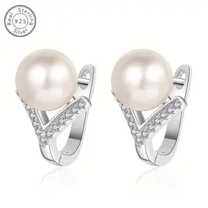 A Pair of Elegant 925 Sterling Silver Earrings with AAA Diamond and Freshwater Pearl, Synthetic December Birthday Stone, Hypoallergenic, Vintage Style, Luxury Fashion Jewelry, with Quality Gift Box, Suitable for Daily and Holiday Occasions