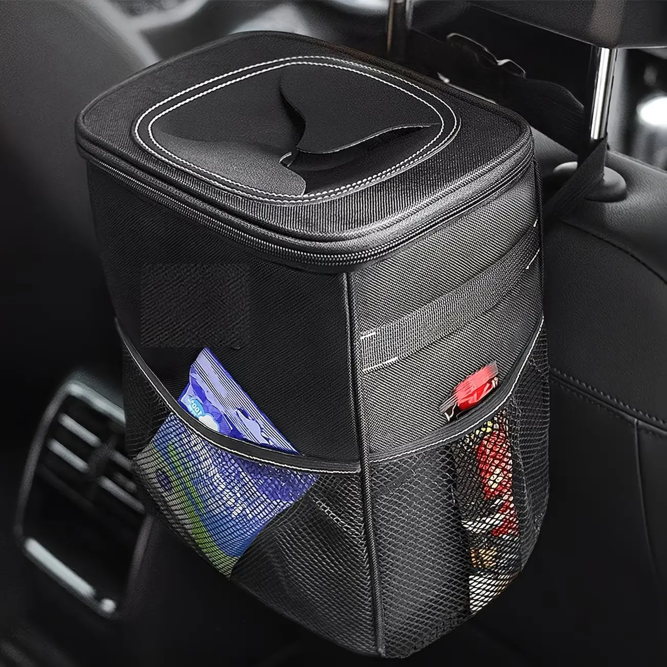 Car Trash Can with Lid - 2 Gal 100% Leak-Proof High-Quality Organizer, Door Panel Adjustable Straps, Storage Pockets, Car Compatible Stowing & Tidying for SUV/Truck, Daily Commutes Multipurpose Black Bin