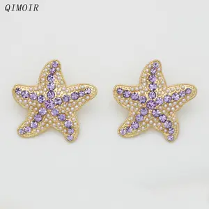 Metal Starfish Violet Color Glass Stones Post Earrings For Women Summer Ocean Fashion Jewelry Trendy Design New Style Gift C1698