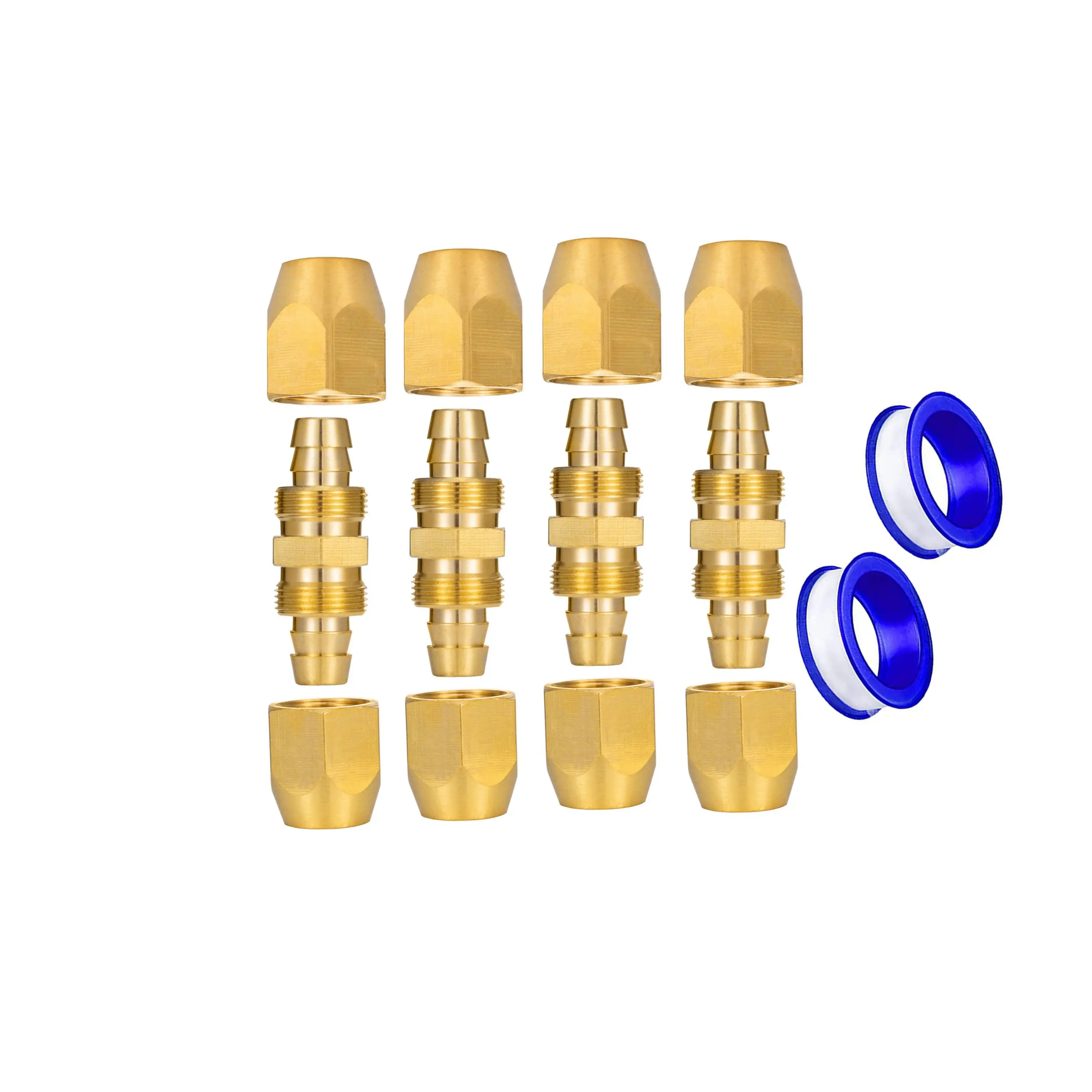 4PCS Solid Brass Air Hose Splicer Set – 1/4" ID Hose Repair Fitting with Reusable Barbed Connector & Teflon Tape for Pneumatic Air Lines