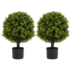 22 Inch Round Boxwood Artificial Topiary Set of 2 Green Plastic Lifelike Glossy Foliage Maintenance Free Indoor Outdoor Decorative Potted Shrub for Home Office Garden Event Decor