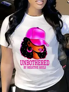 Women's Cartoon Girl & Letter Print Fitted Round Neck Tee, Fashion Casual Crew Neck T-shirt for Daily Holiday Vacation Outdoor Wear, Ladies Clothes for Summer, Womenswear