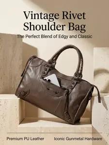 Vintage Fashion Rivet Crossbody Bag, Large Capacity Totem Bag, PU Handbag for Tablets, Commute Travel, Multifunctional Women's Bag, Fashion Crossbody Bags