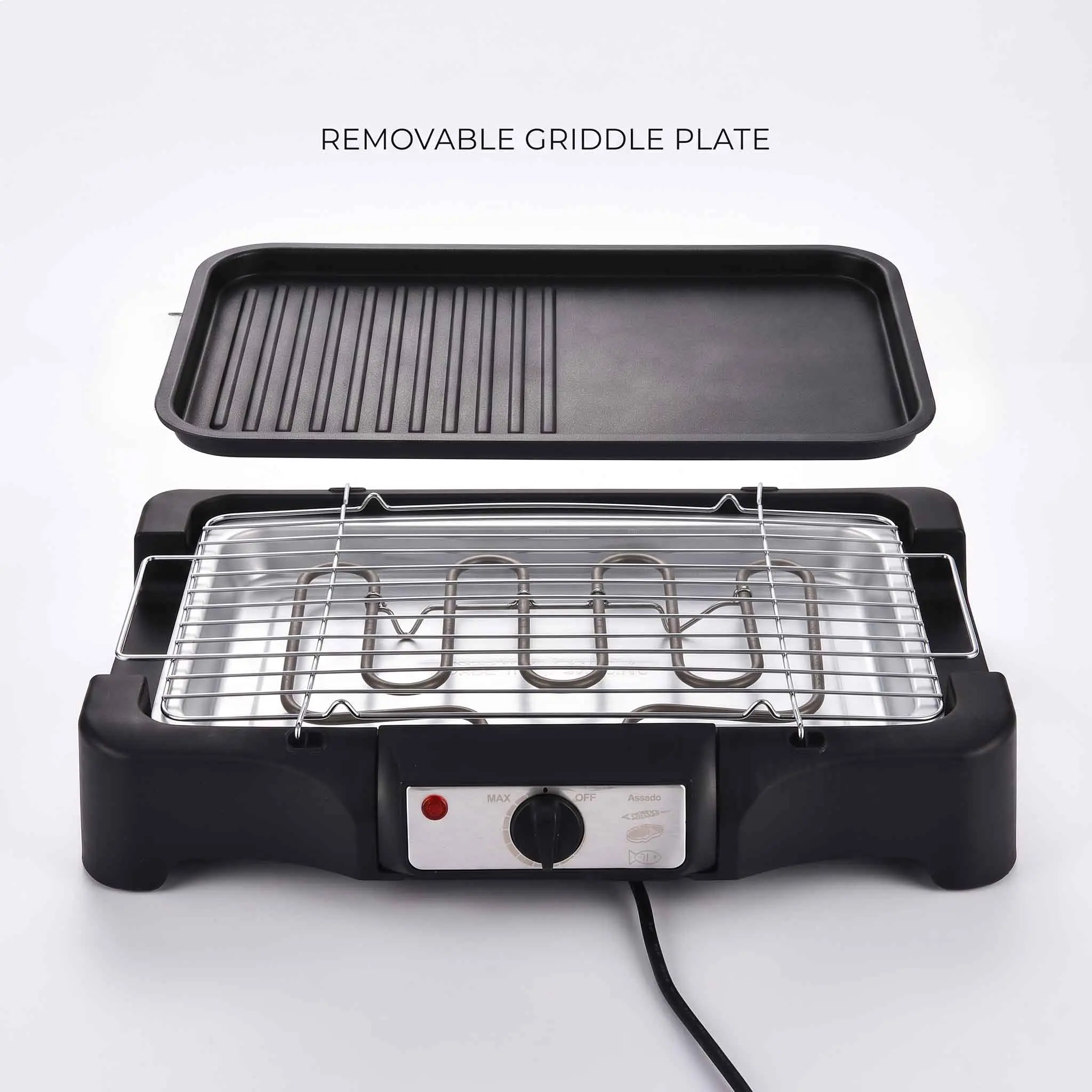 PRTYY 35cm 2-in-1 Electric Grill & Griddle, Removable Nonstick Plates, Ribbed + Flat Cooking Surfaces, Tabletop Home BBQ, Easy Temperature Control, Dishwasher Safe, Griddle Cooking Appliance