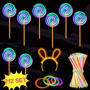 212 Piece Fluorescent Stick Party Set, Includes Lollipop Shape Sticks, Connectors & Headbands, Perfect for Carnival, Easter, Valentine's Day, Party Favors