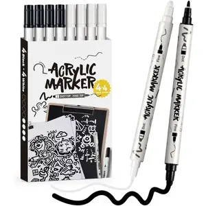 4 Black and 4 White Paint Markers Bold and Fine Dual-tip Acrylic Paint Marker Set for Rock Painting Glass Canvas Wood Leather Ceramic Painting